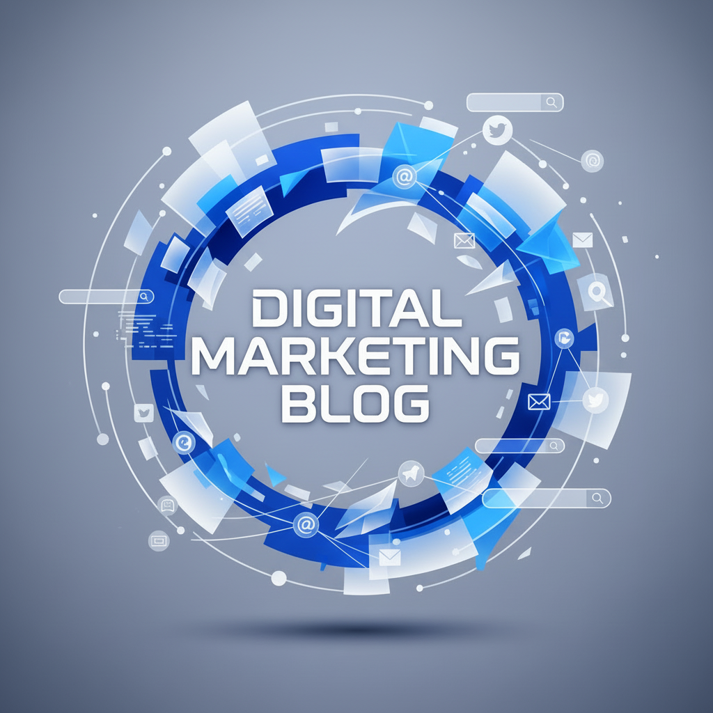 Digital illustration with text DIGITAL MARKETING BLOG and various social media icons.